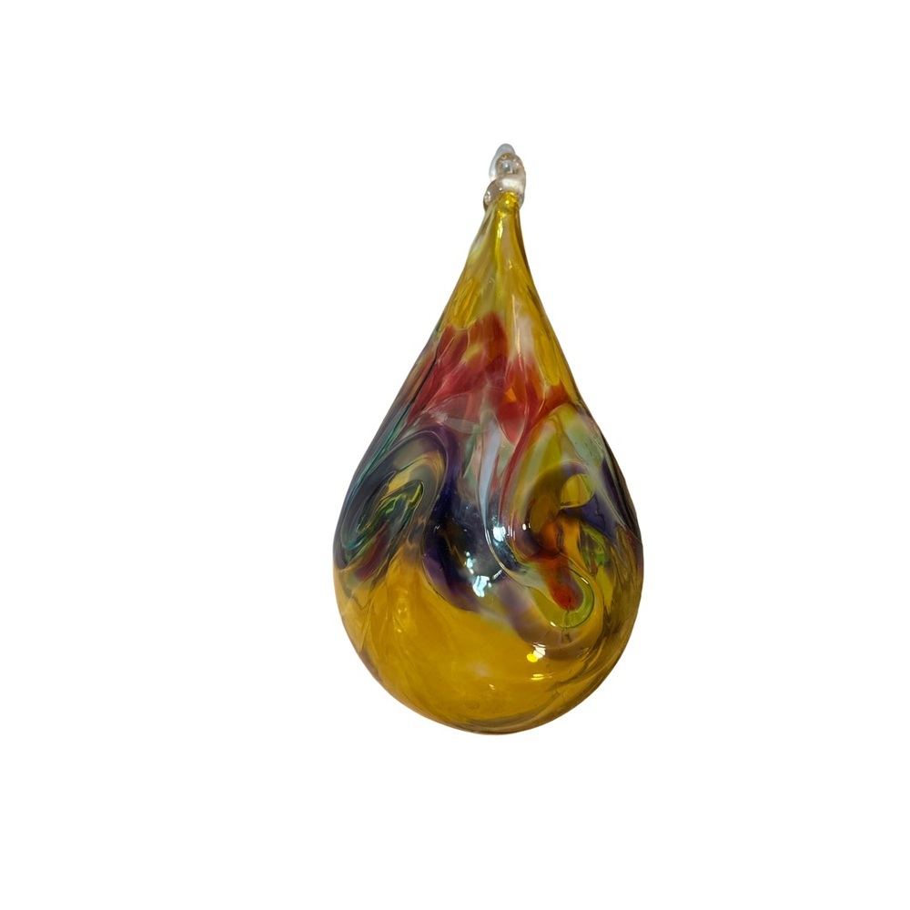 Hand Blown Art Glass Teardrop Hanging Sculpture 9in Multicolor Swirl Decor